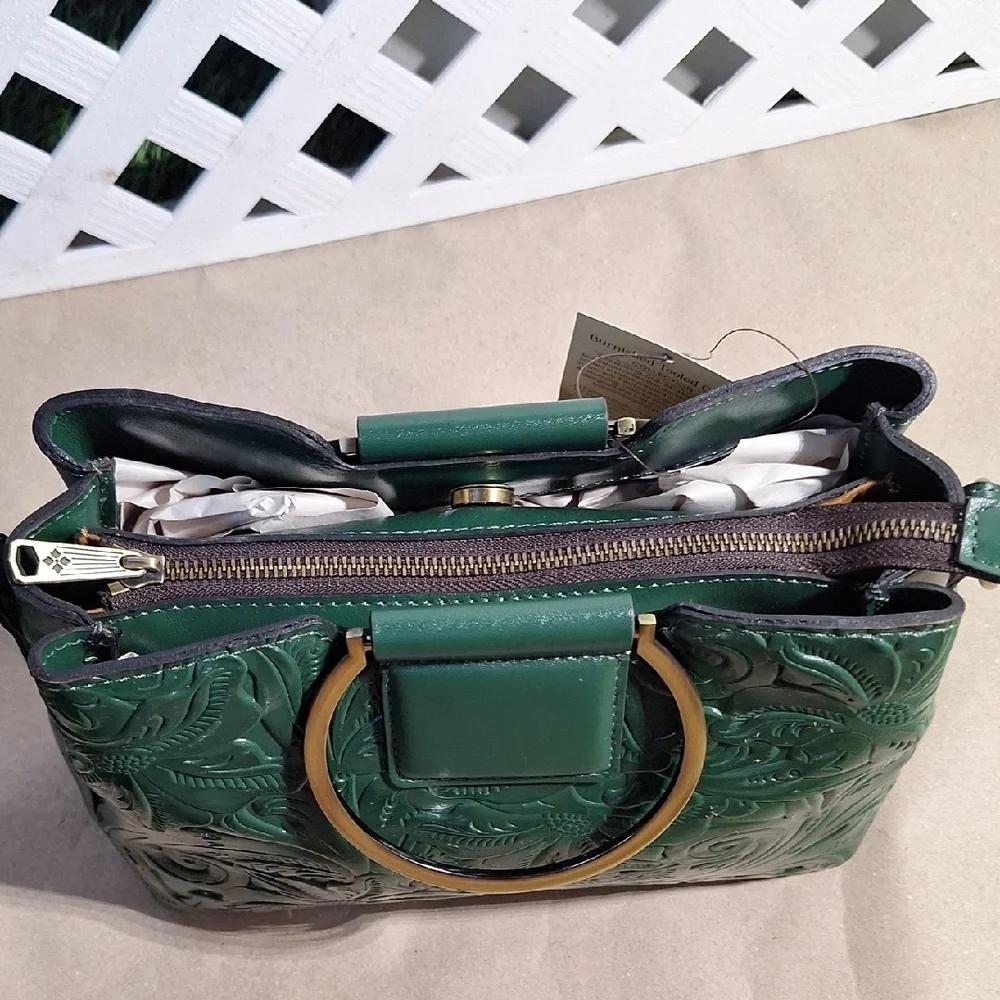 NWT Patricia Nash Empoli Burnished Tooled Leather Green Satchel Crossbody Bag